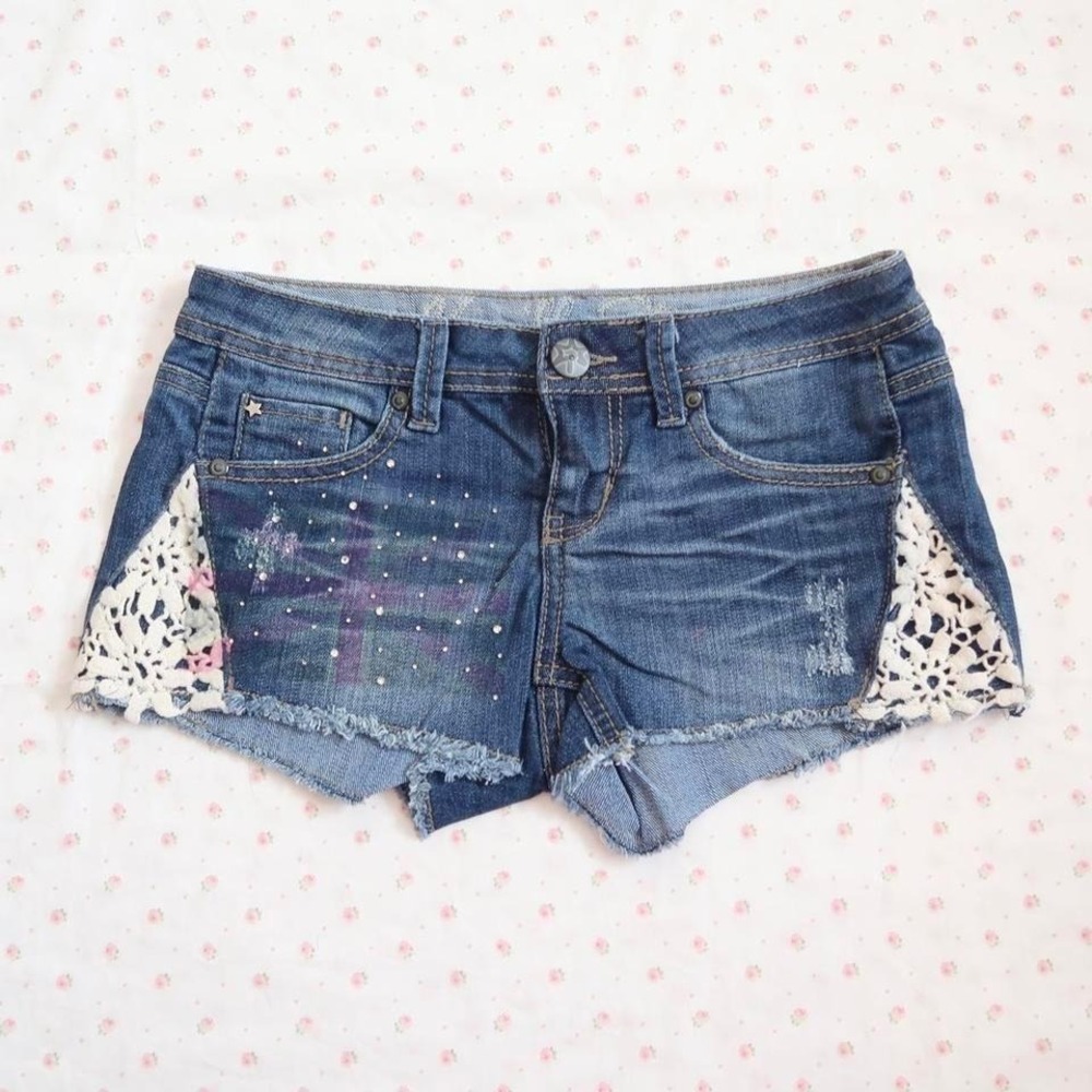 vanilla star lace panel denim shorts y2k low rise shorts